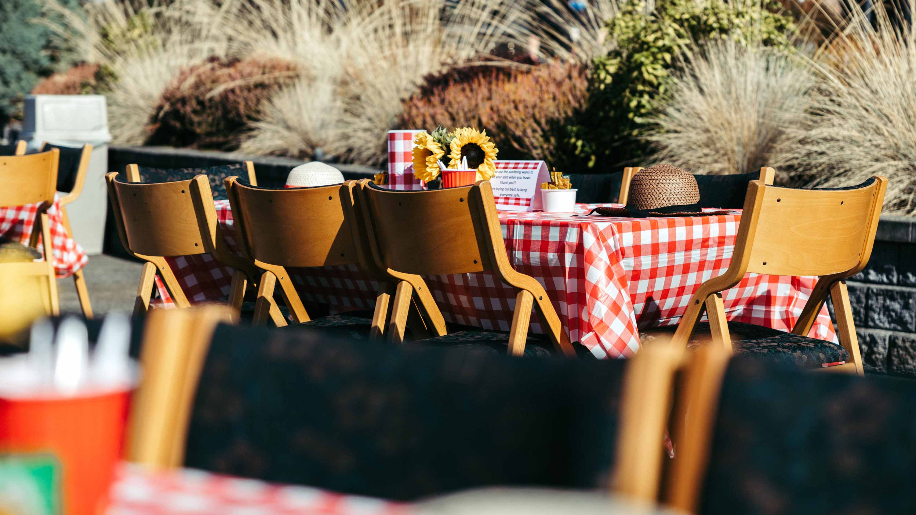 Tables set on Crista Shores' patio