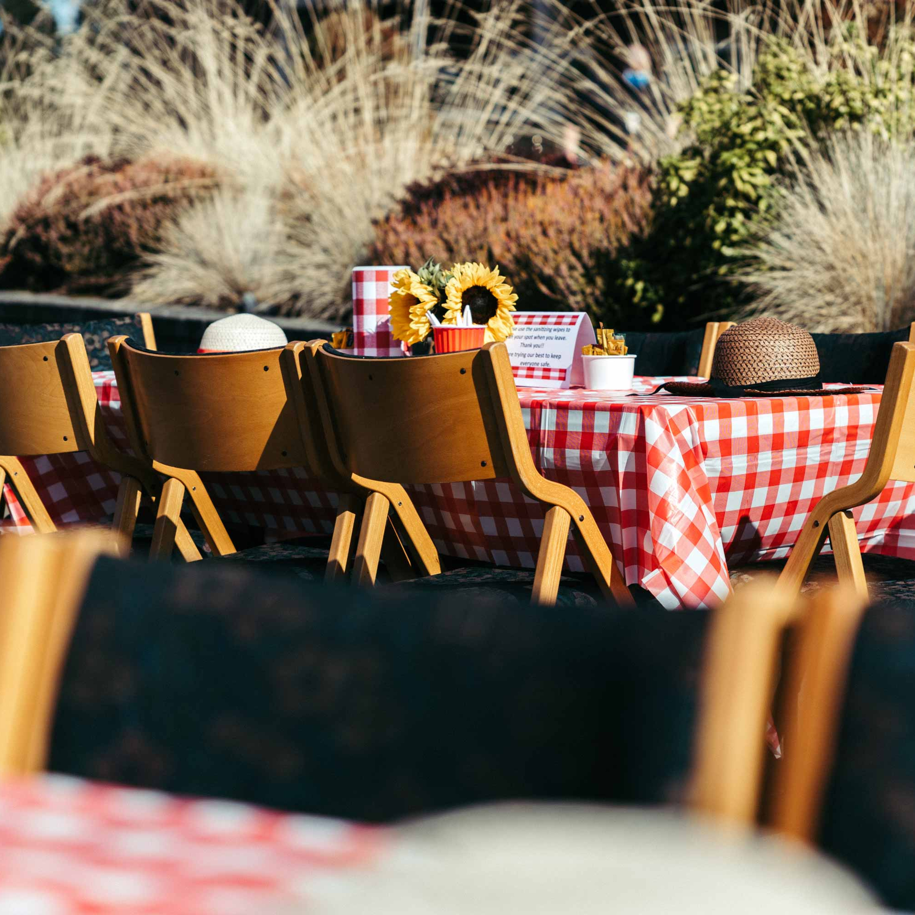 Tables set on Crista Shores' patio