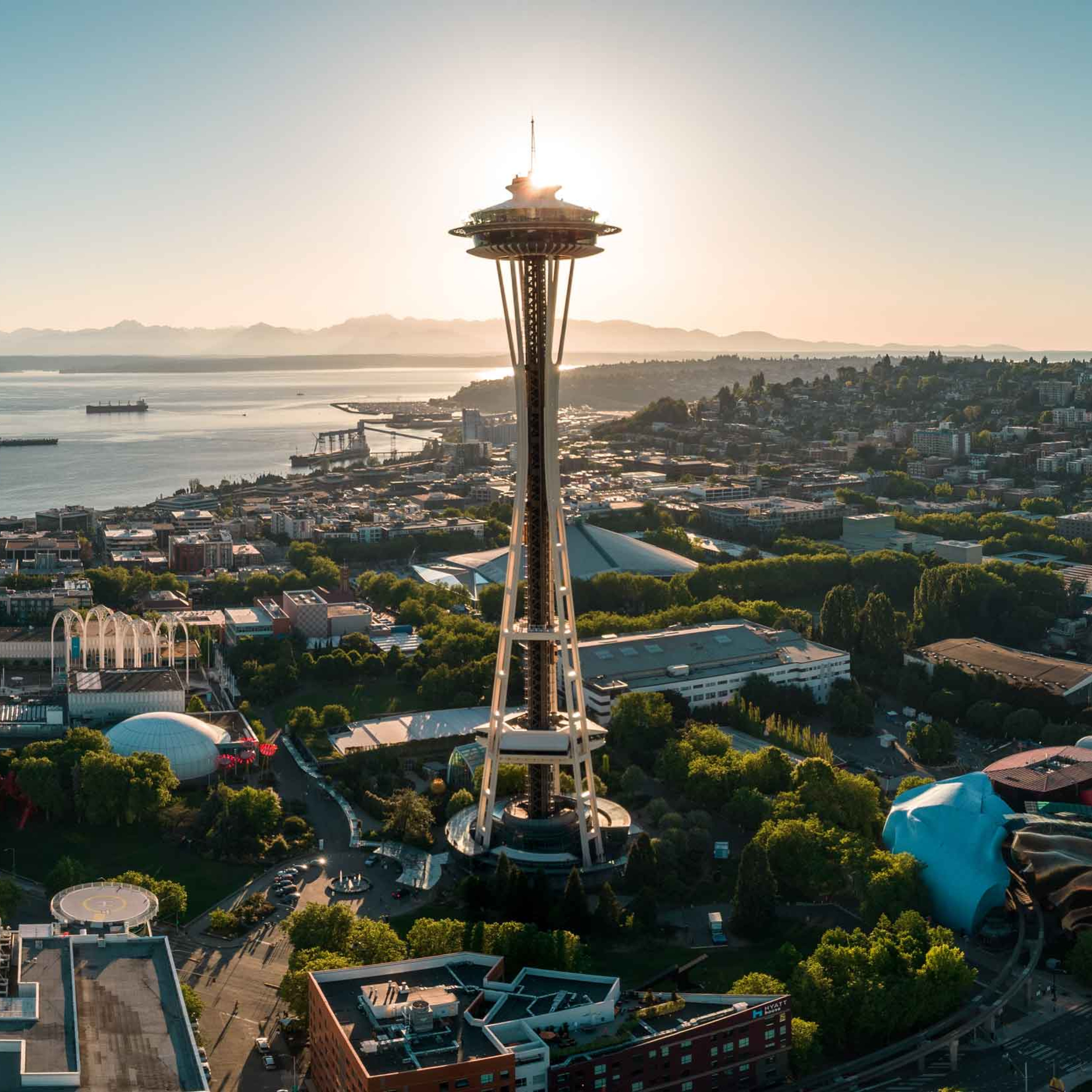 Aerial view of the Space Needle and Seattle Center