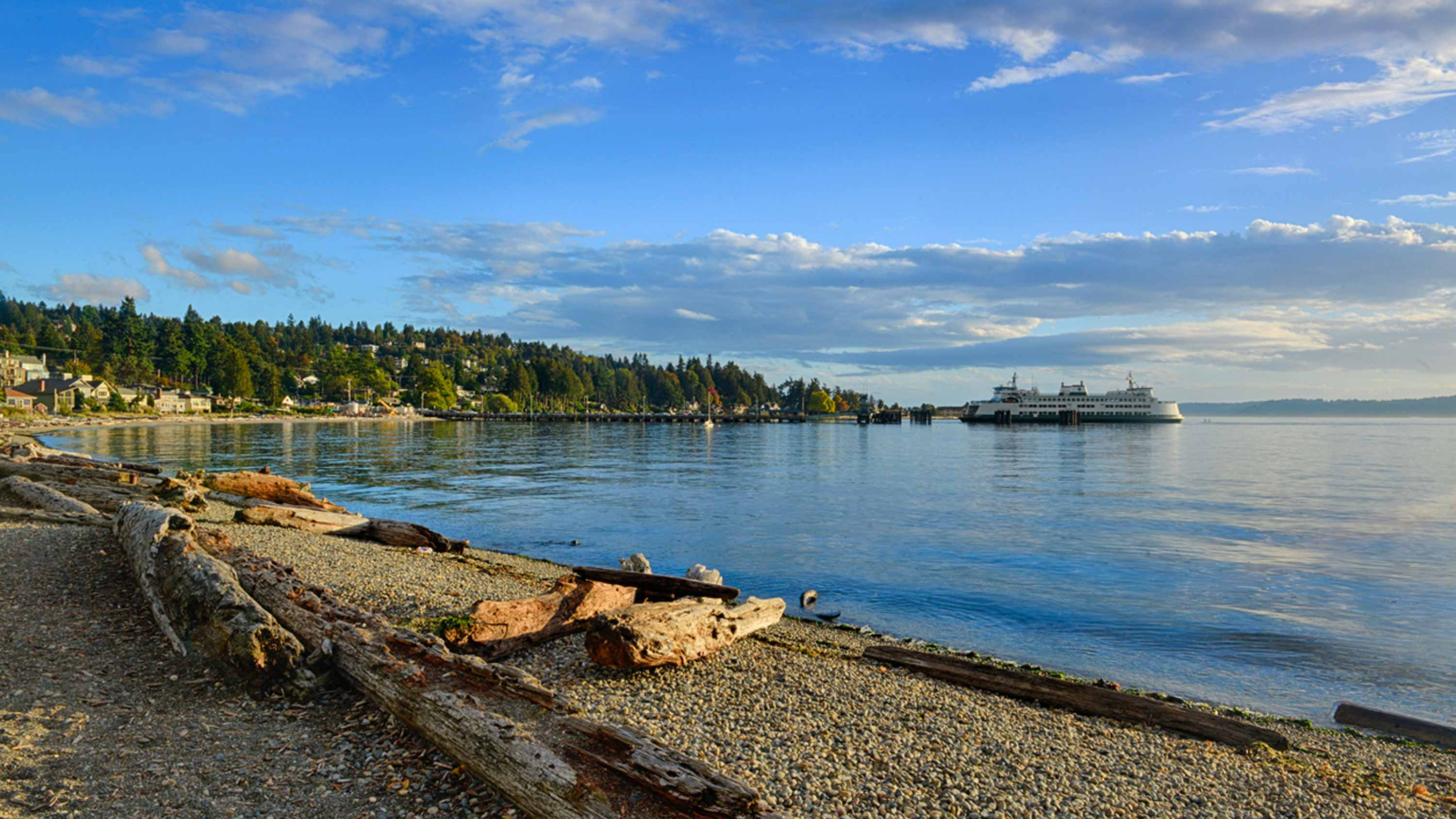 Pacific Northwest waterfront and a Washington State ferry