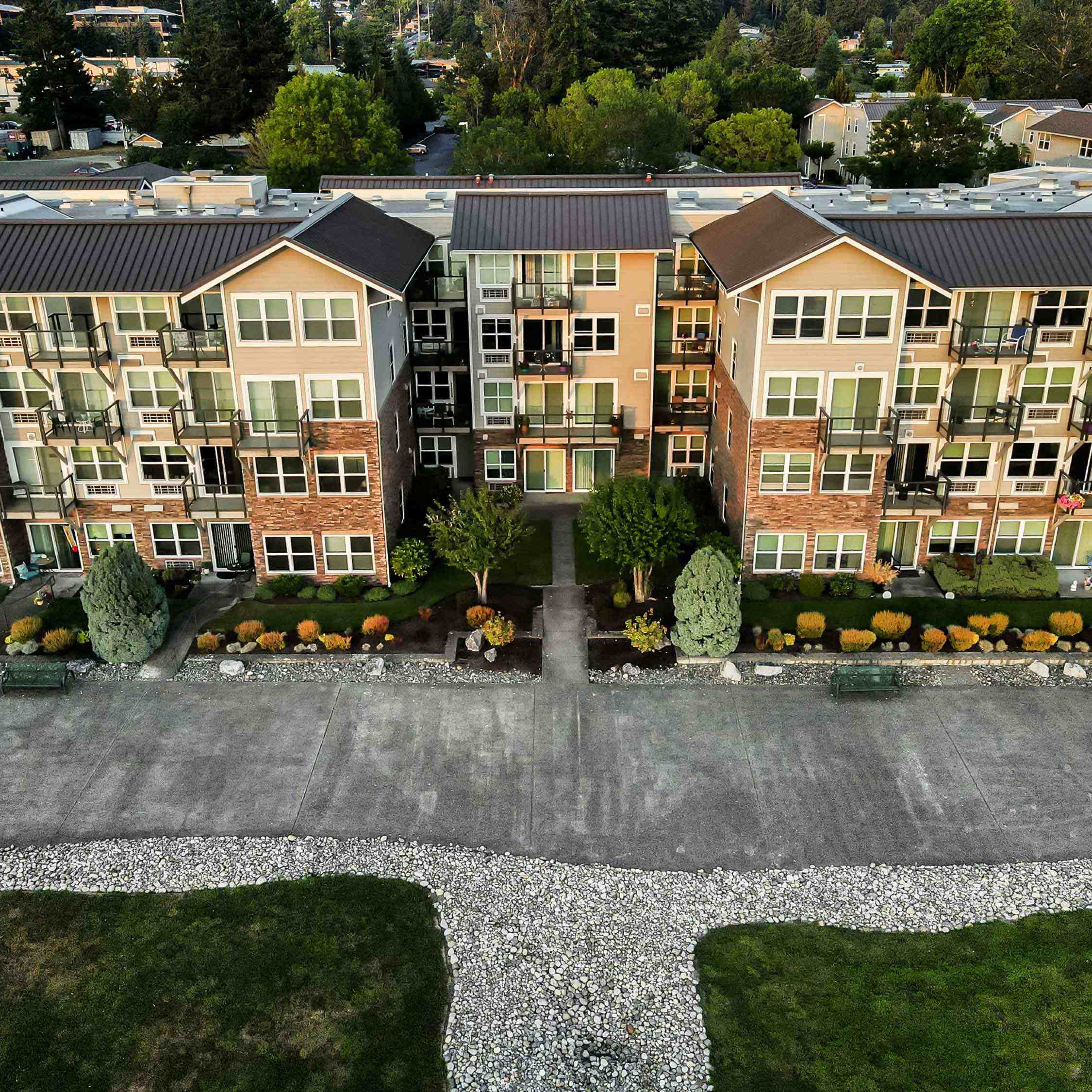 Aerial view of Crista Shores apartments, waterfront side