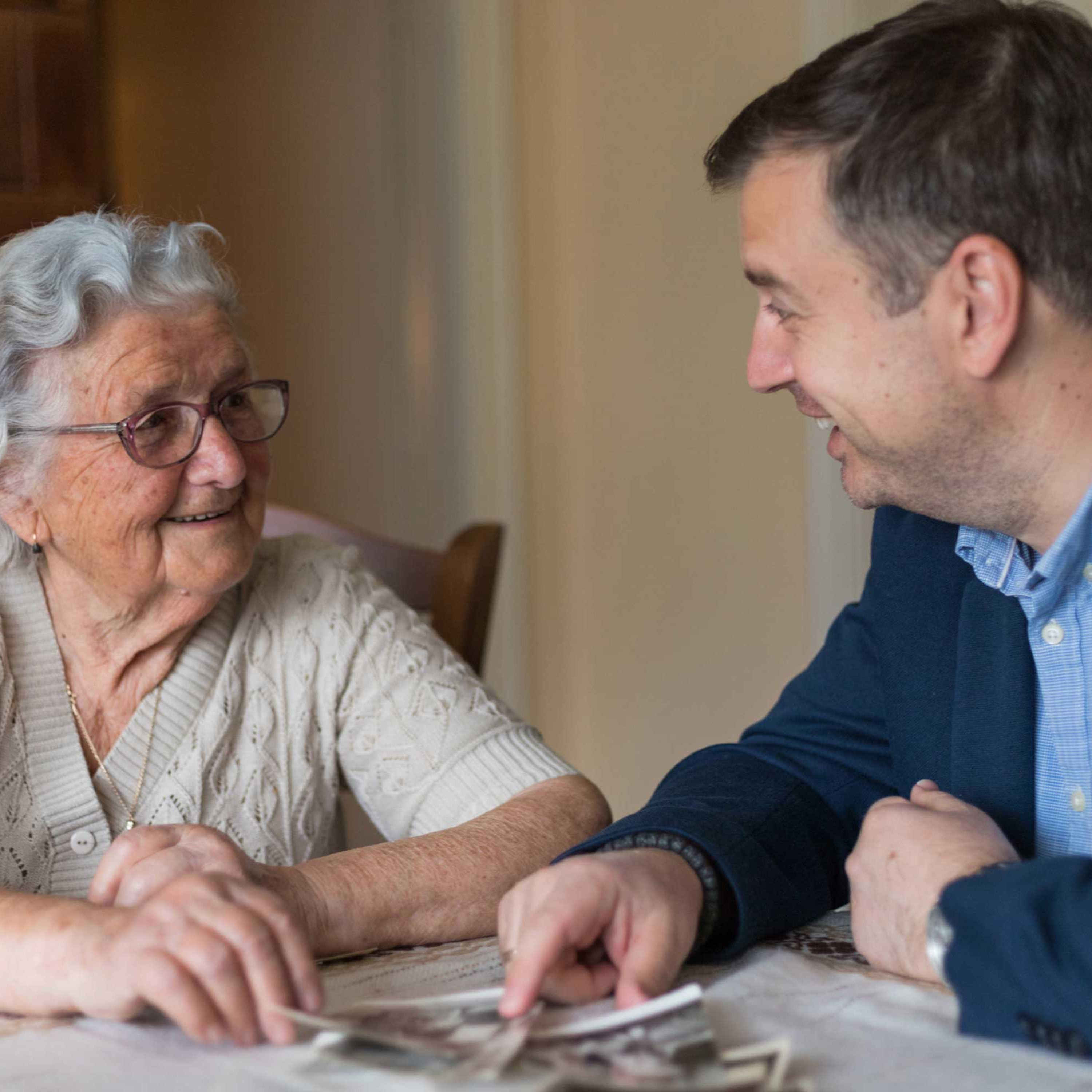 CRISTA Senior Living - Grandmother and grandson talking about memory care